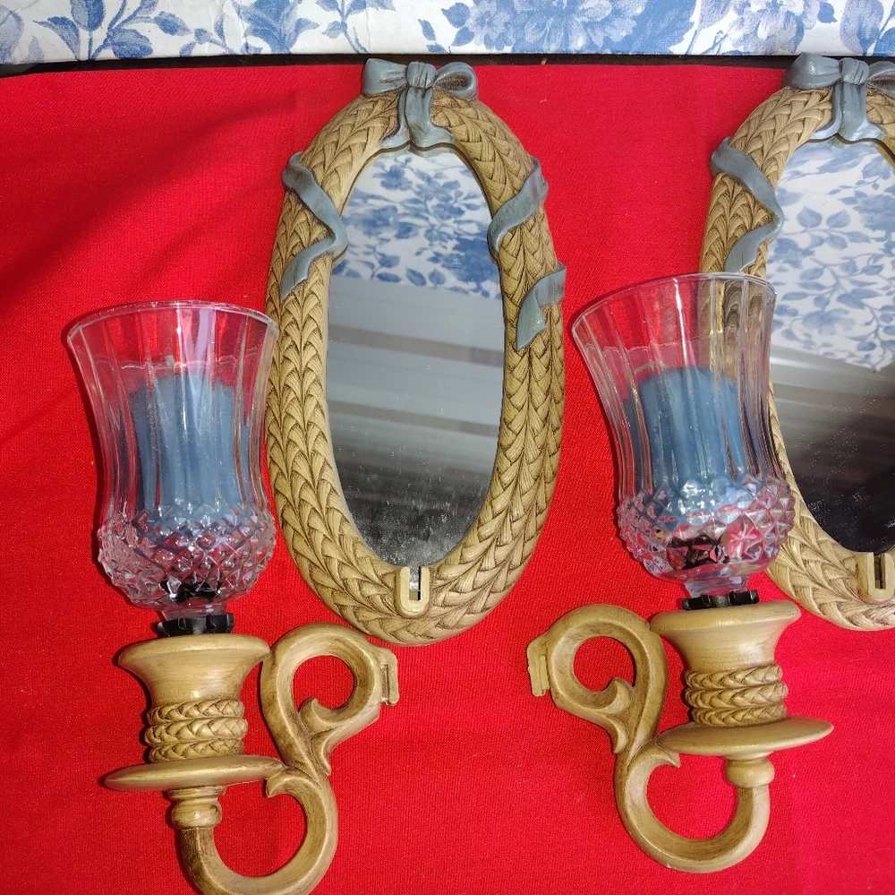 Nice Burwood Collection Hanging Mirror Candle Sconces Holders w/ Blue Candles